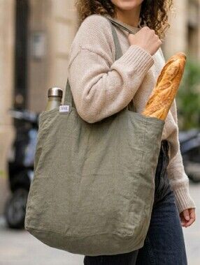 Linenfox Olive Green 100% Linen Extra Large Tote Bag